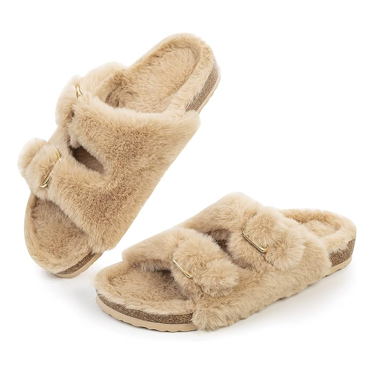 FITORY Womens Open Toe Slipper with Cozy Lining,Faux Rabbit Fur Cork Slide Sandals