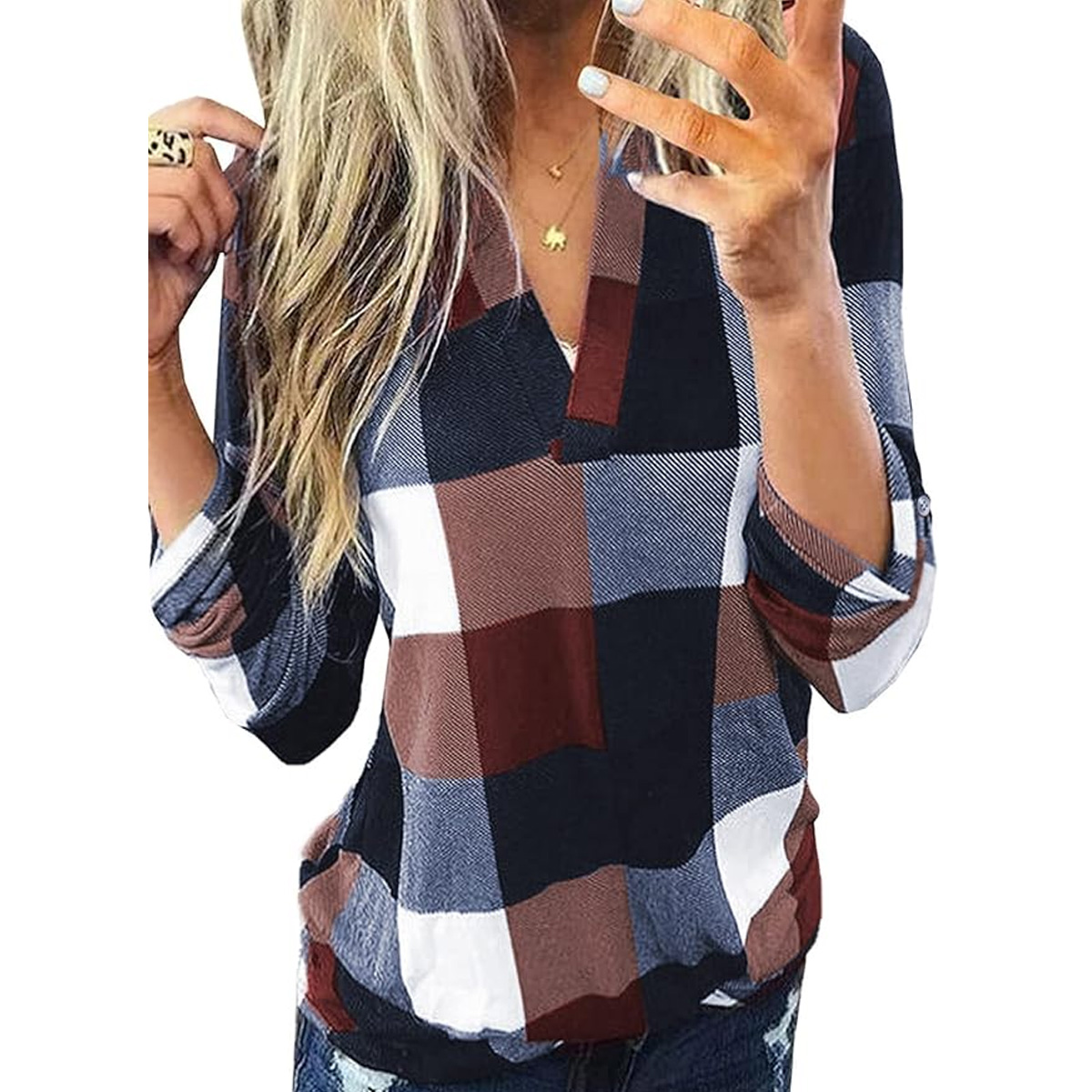 Dokotoo Womens Basic Casual V Neck Plaid Top