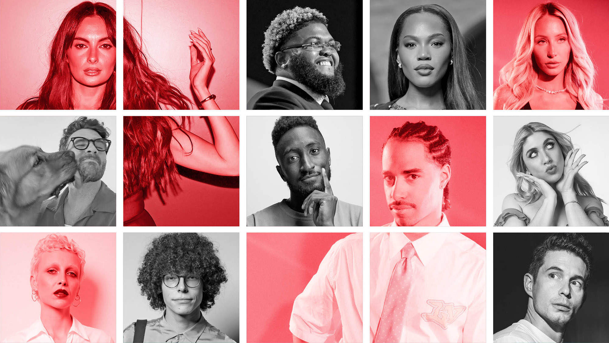 Top row, from left: Paige DeSorbo, Druski Drew Desbordes, Quenlin Blackwell and Alix Earle. Second row: , Hasan Piker, MKBHD Marques Brownlee and Sabrina Brier. Third row: Emma Chamberlain, Reece Feldman and Michael Blaustein