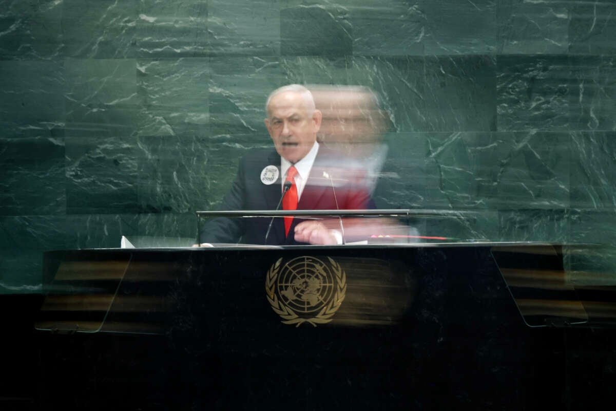 Israeli Prime Minister Benjamin Netanyahu addresses world leaders during the United Nations General Assembly (UNGA) at the United Nations headquarters on September 26, 2025, in New York City.