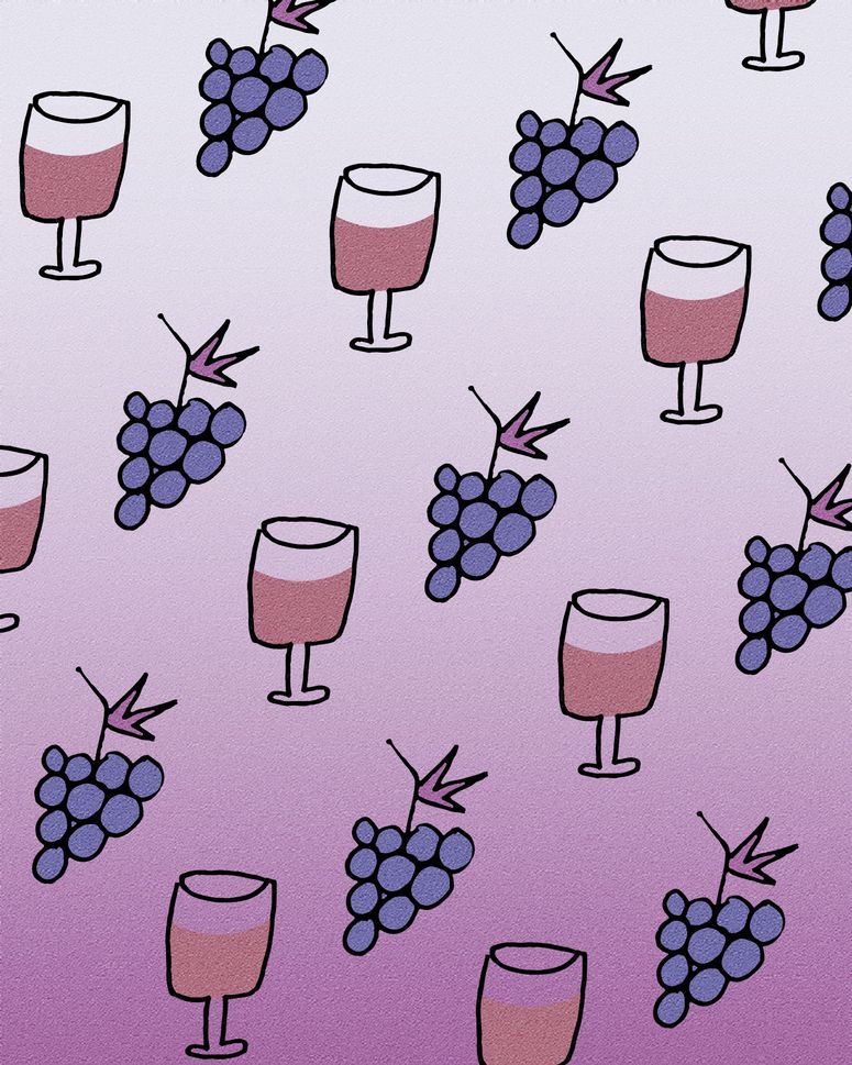 Illustrated collage of wine glasses and grapes
