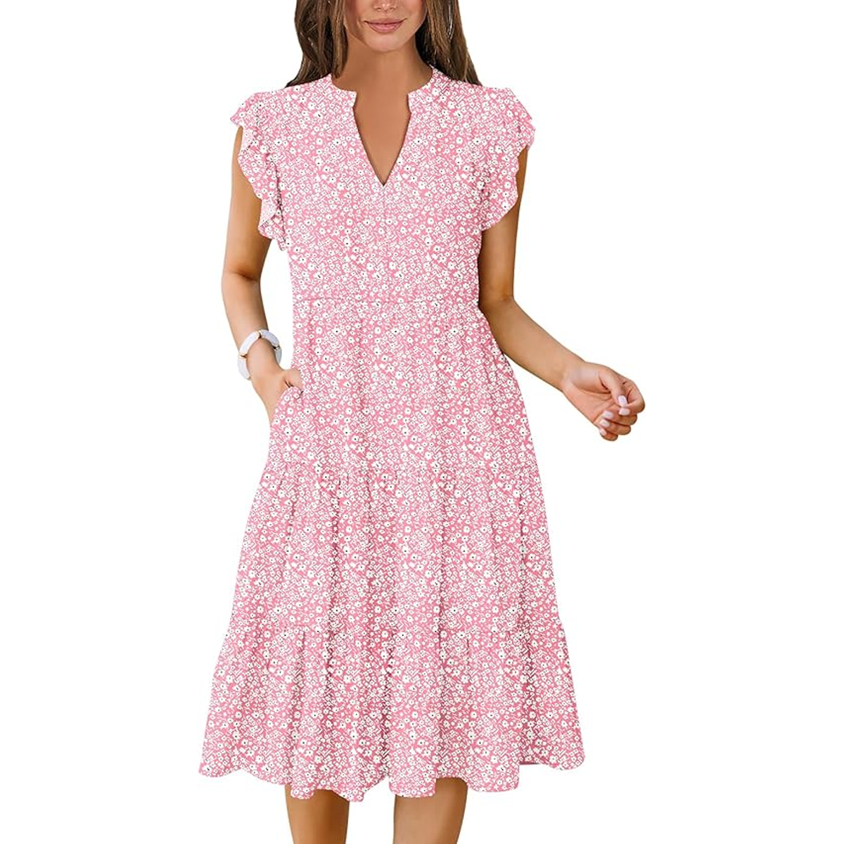 ANRABESS Womens Summer Dress Ruffle Sleeve V Neck Midi Dress