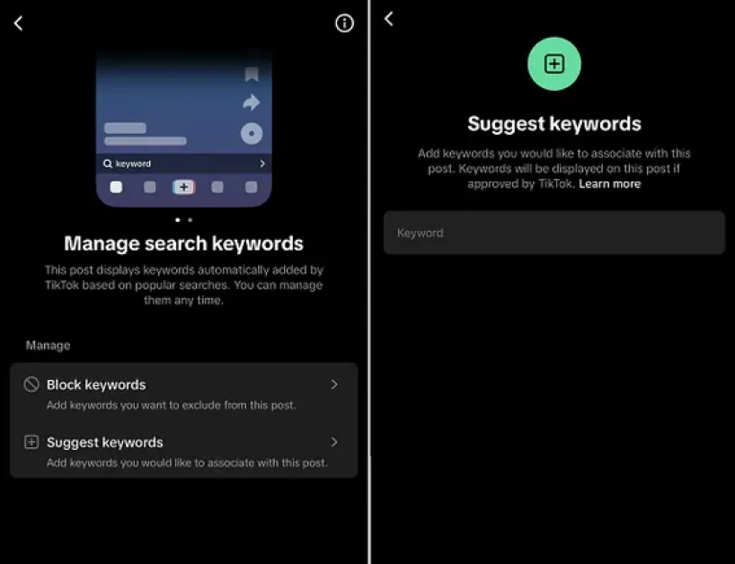 TikTok lets users add relevant keywords to metadata