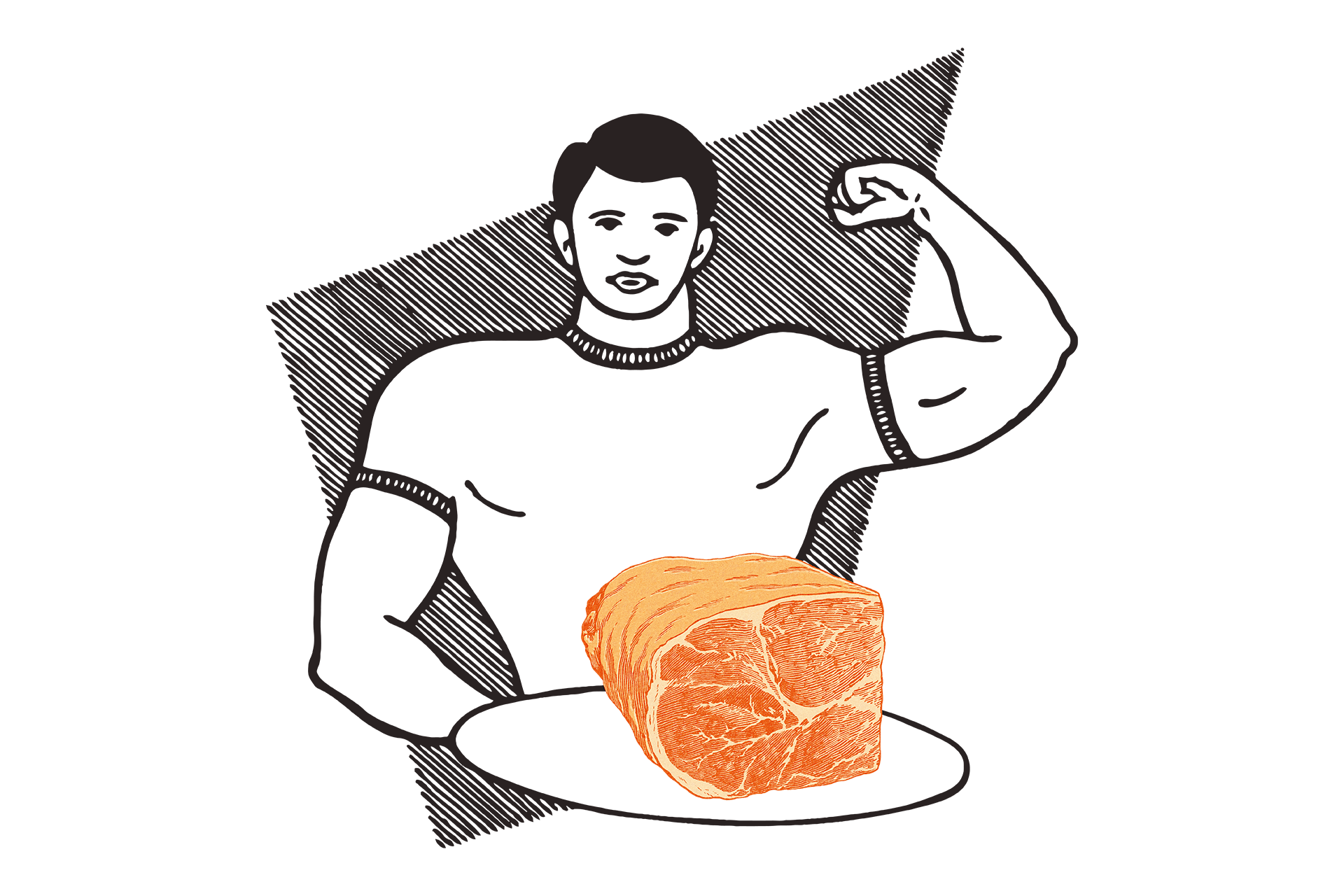 an illustrated man flexes his muscles while holding a large portion of meat on a plate